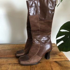 Vintage Leather  and Suede Checkered Boots Square Toe